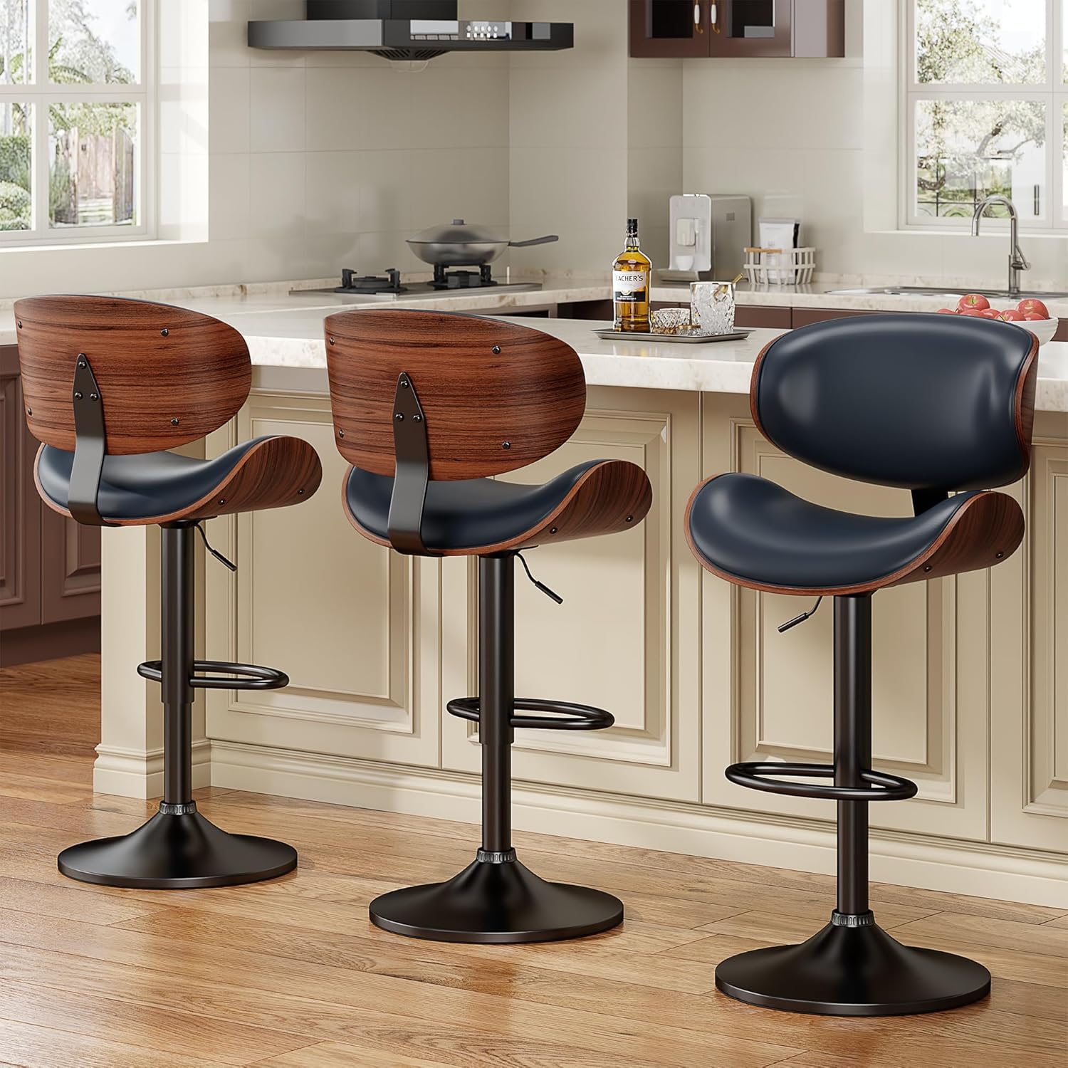 Bentwood Adjustable Height Swivel Bar Stools Set of 3 in Blue