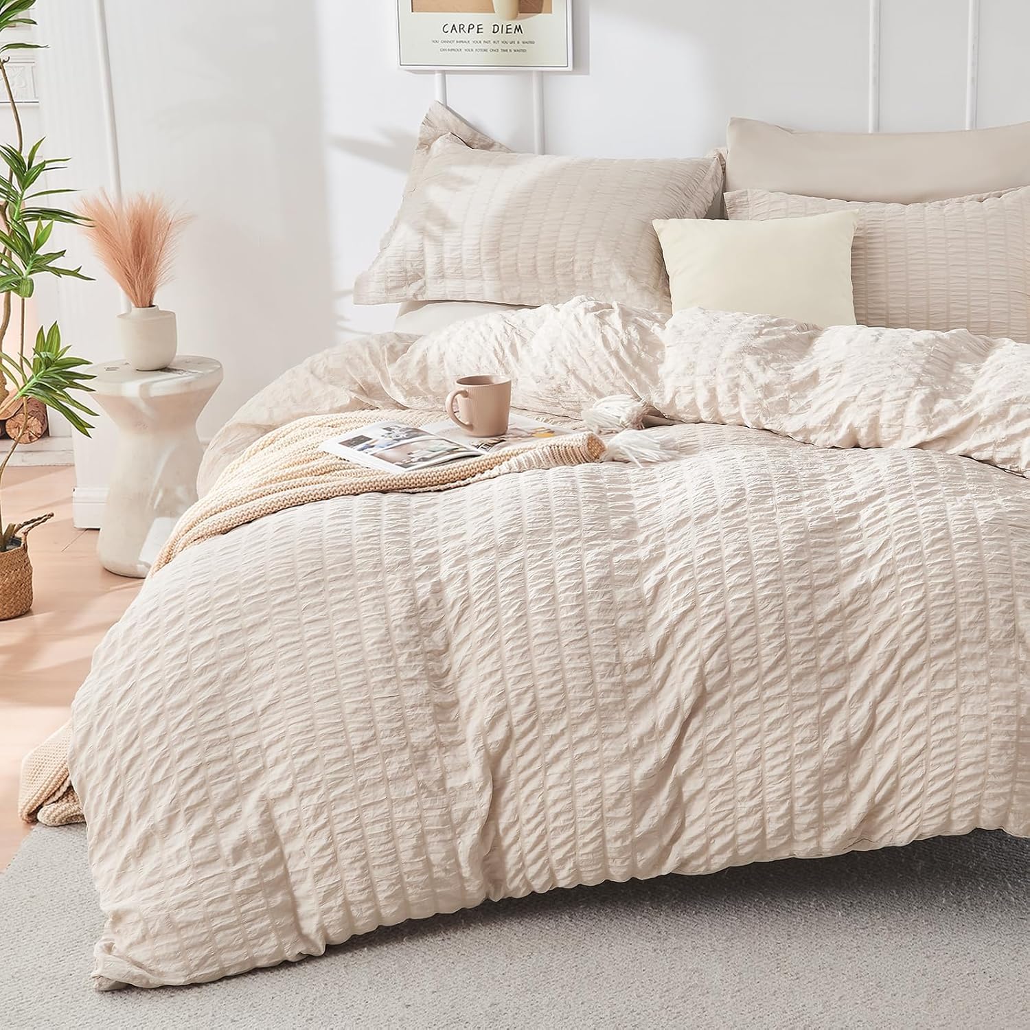 HYMOKEGE Beige Duvet Cover Queen Size Set for Elegant Bedding
