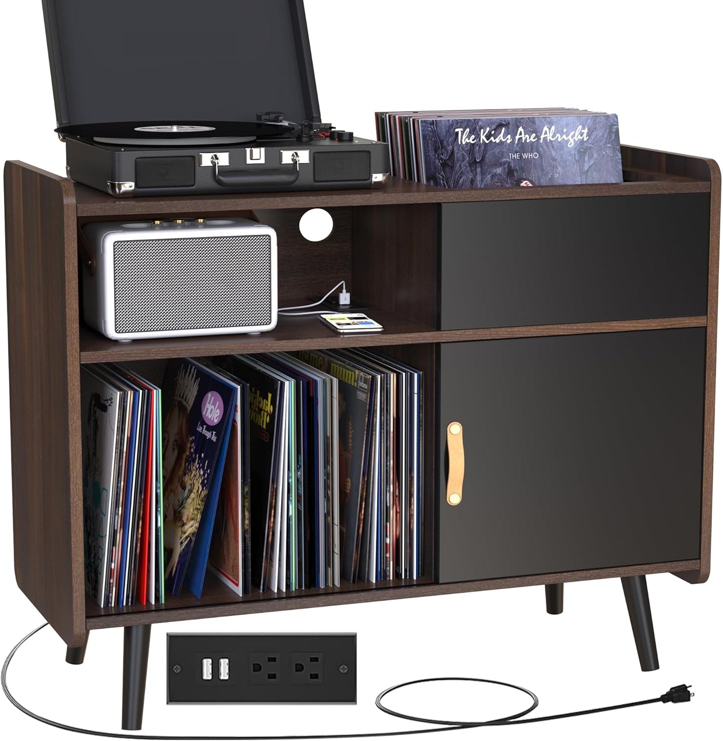 Mid Century Modern Record Player Stand with Vinyl Storage
