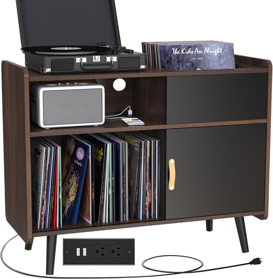 Mid Century Modern Record Player Stand with Vinyl Storage