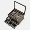 3-Layer Wooden Knife Display Case with Drawers - Glass Lid