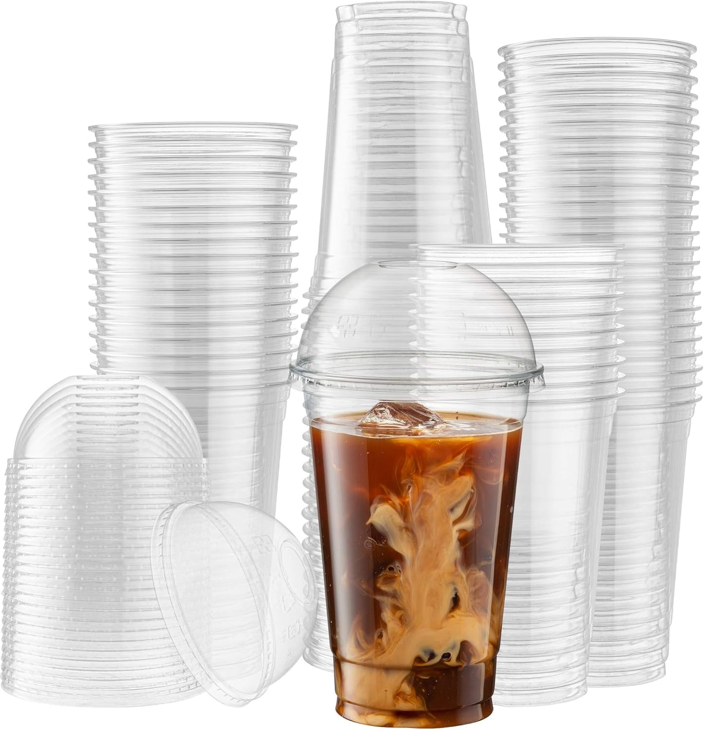 100 Sets of 20 Oz Crystal Clear Plastic Cups with Dome Lids