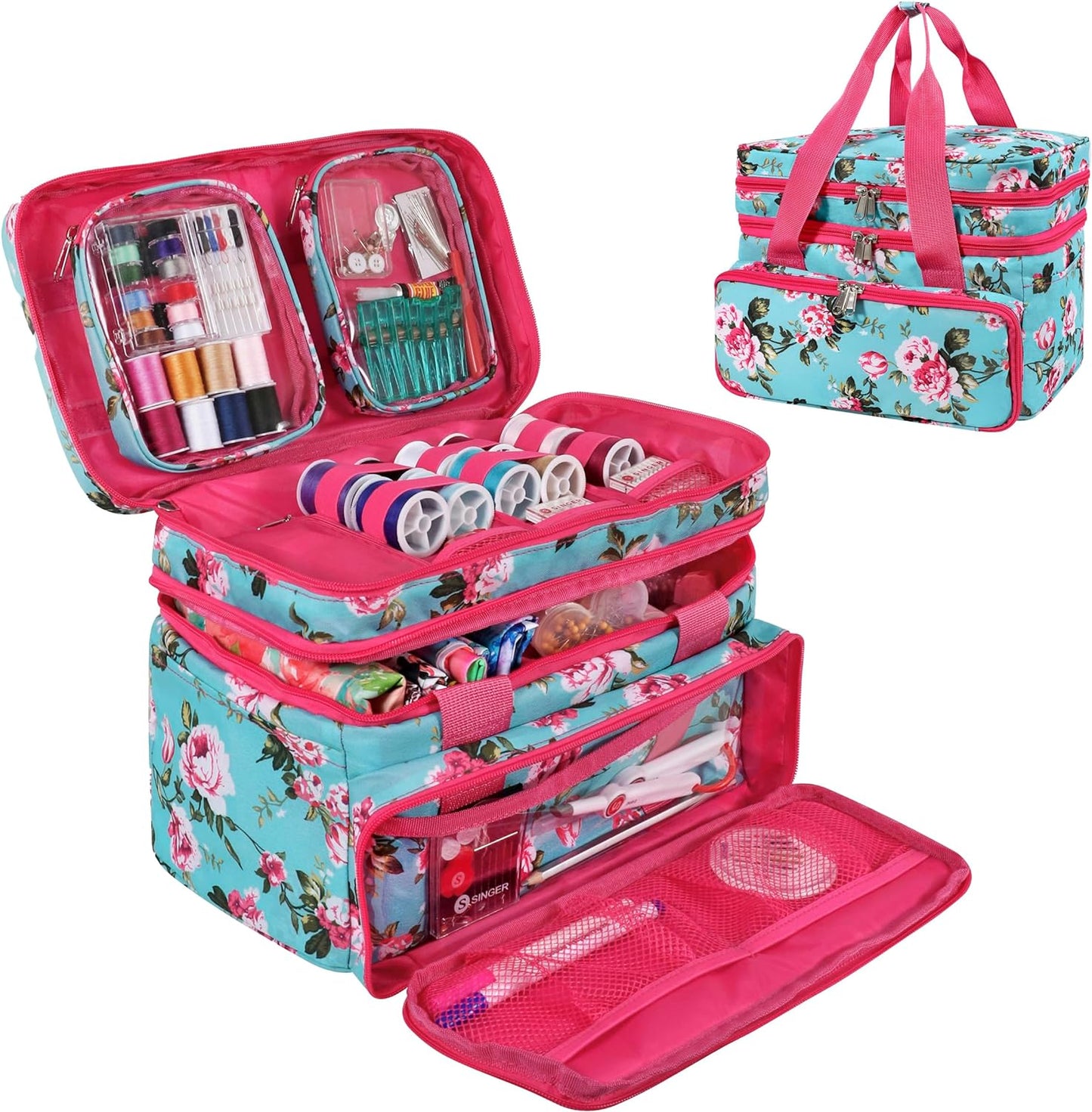 SINGER Double Layer Sewing Organizer Bag, 18 Compartments, Portable Carry-All