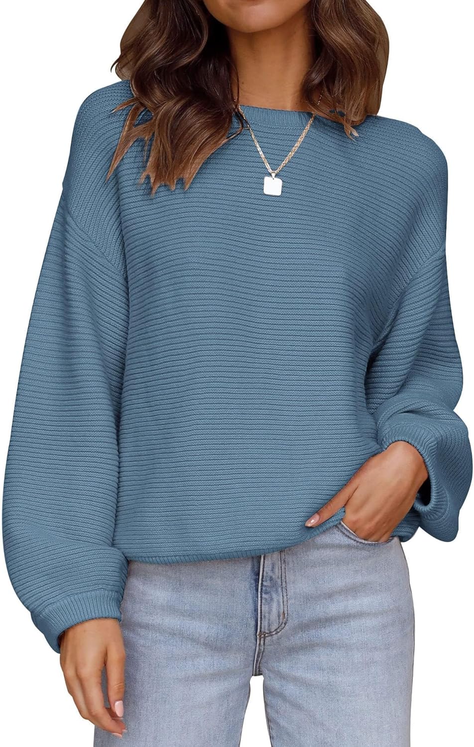 ZESICA Women's Crew Neck Long Lantern Sleeve Pullover Sweater