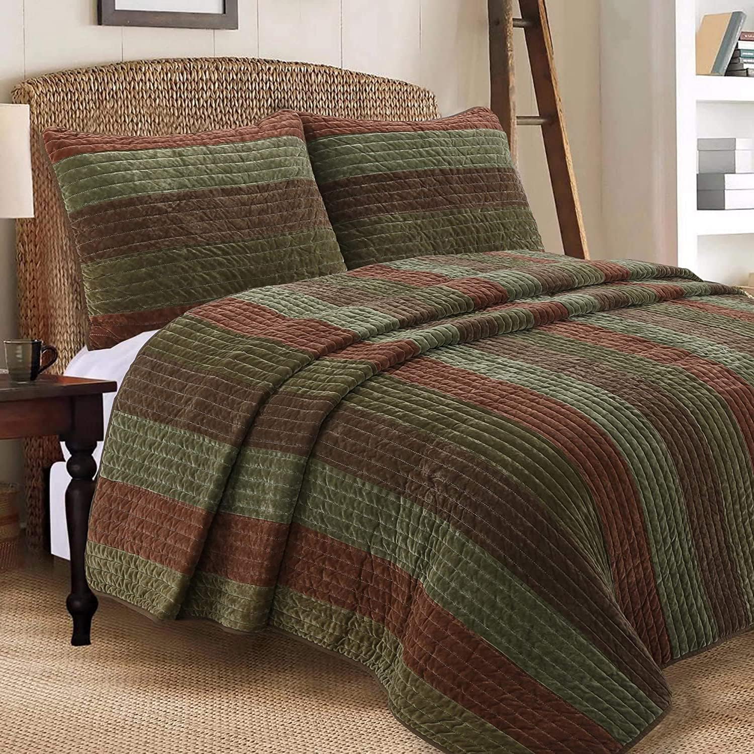Cozy Line Home Fashions Rhett Dark Brown Sage Green Quilt Set