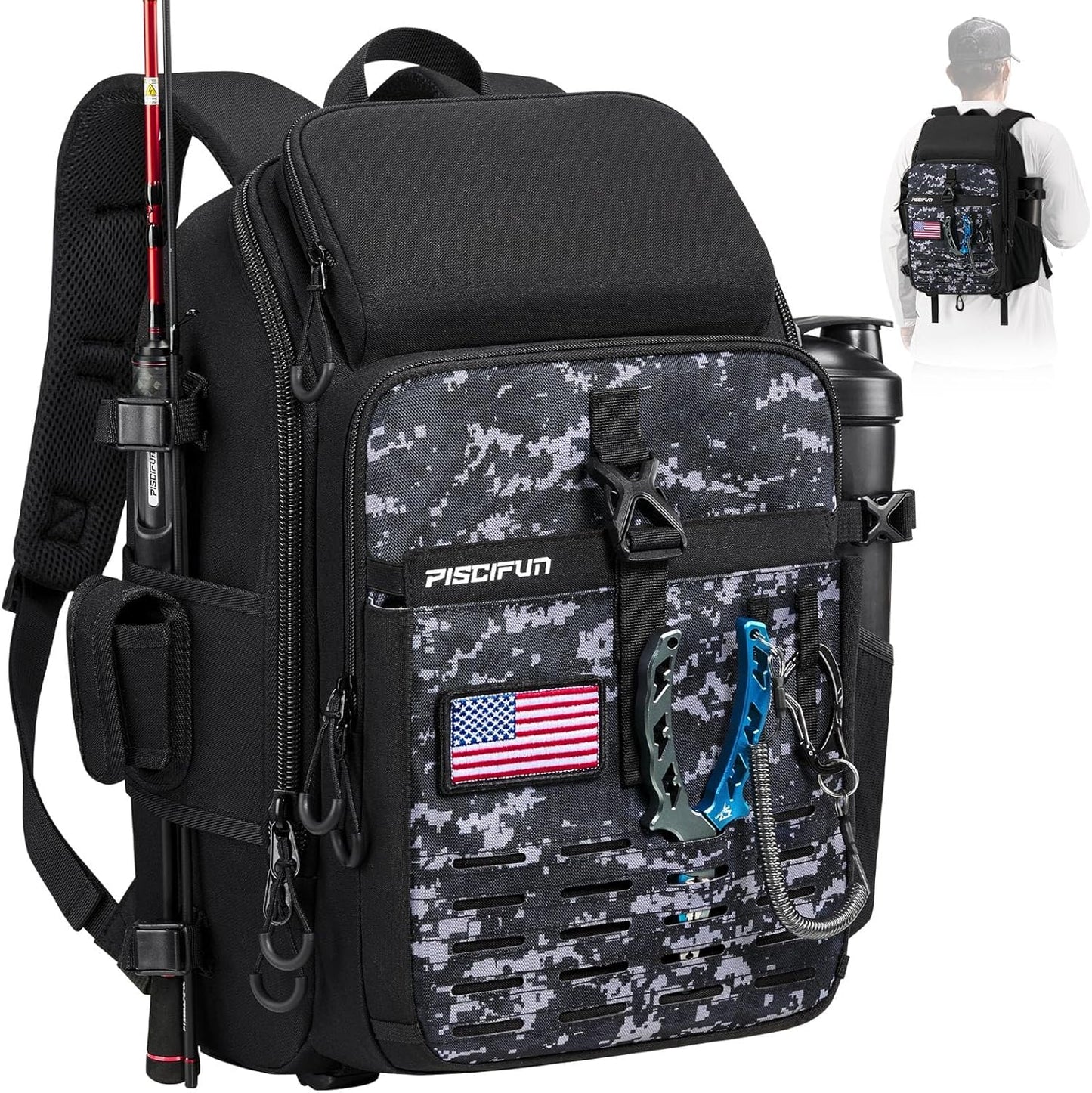 Piscifun Fishing Tackle Backpack with Rod Holder for Anglers