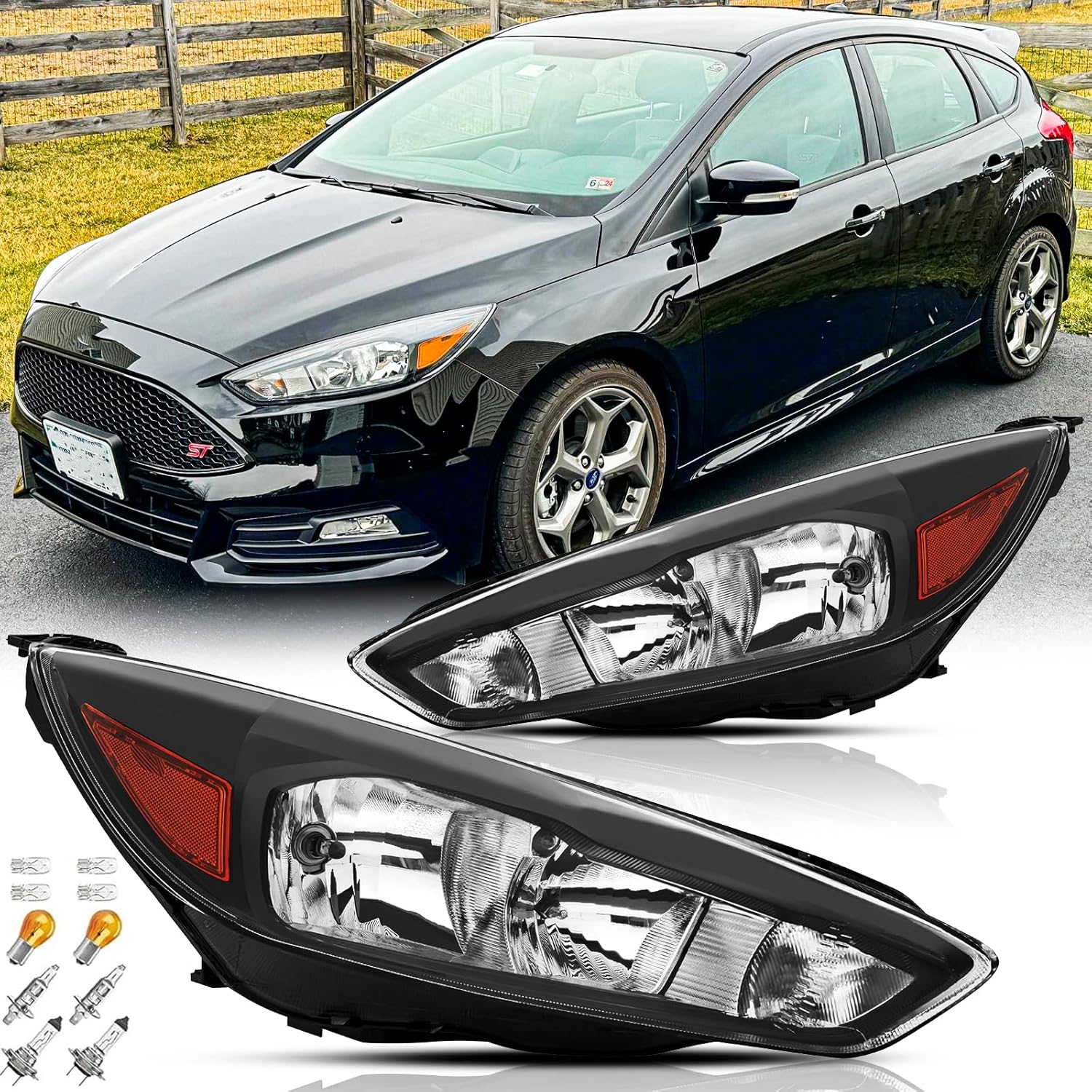 Headlights Assembly with Bulbs for 2015-2018 Ford Focus Models