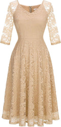 Womens Long-Sleeve Lace A-Line Midi Dress - Elegant Wedding Guest
