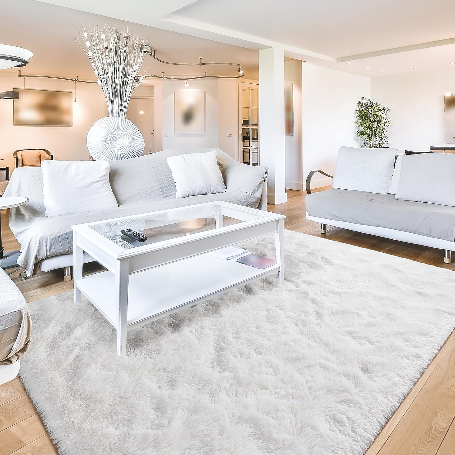 Terrug White Fluffy Area Rug for Living Room, Soft Plush Carpet