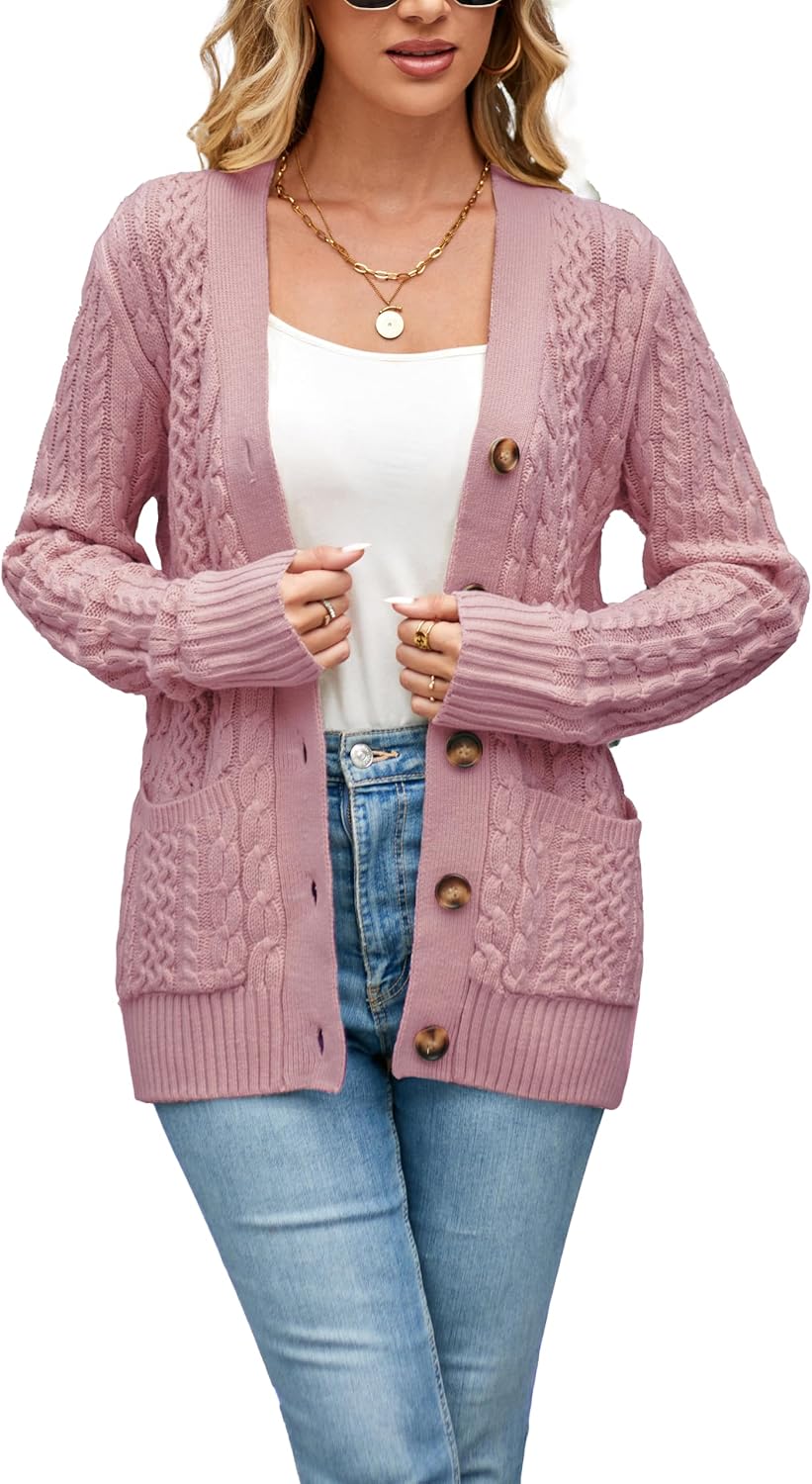 Womens Cardigan Sweaters Cable Knit Open Front with Pockets