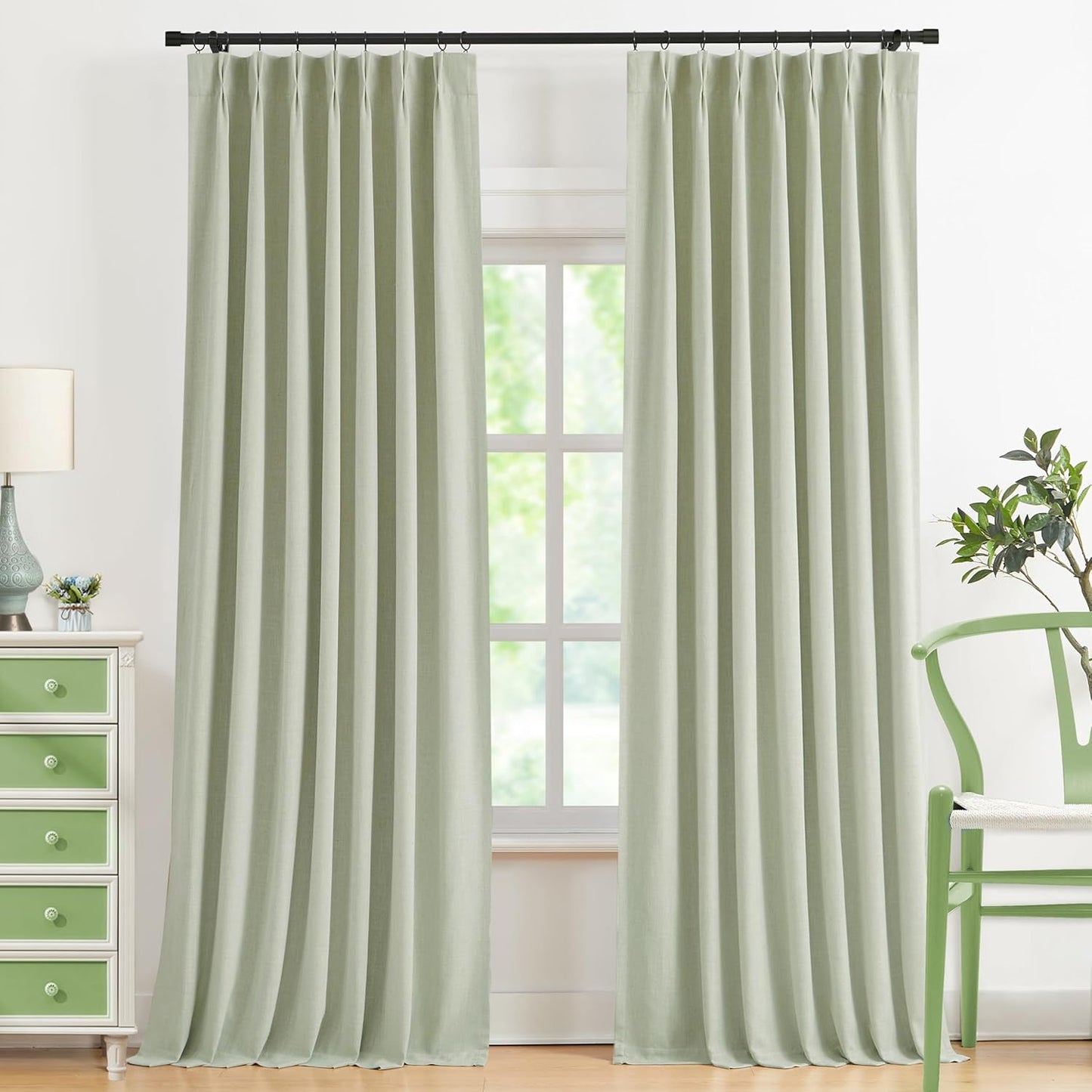 Pinch Pleated Curtain Panels for Bedroom - Soft Green 112 in