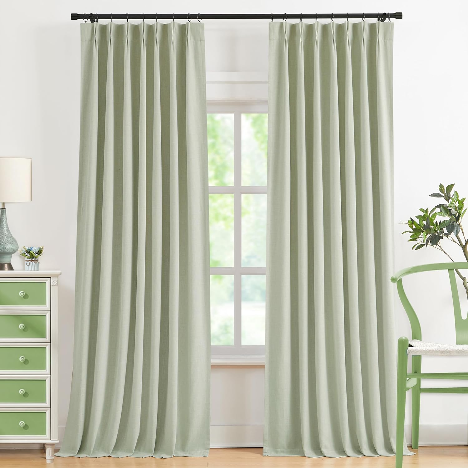 Pinch Pleated Curtain Panels for Bedroom - Soft Green 112 in