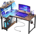 Small Gaming Desk with LED Light and Power Outlets - Compact L Corner
