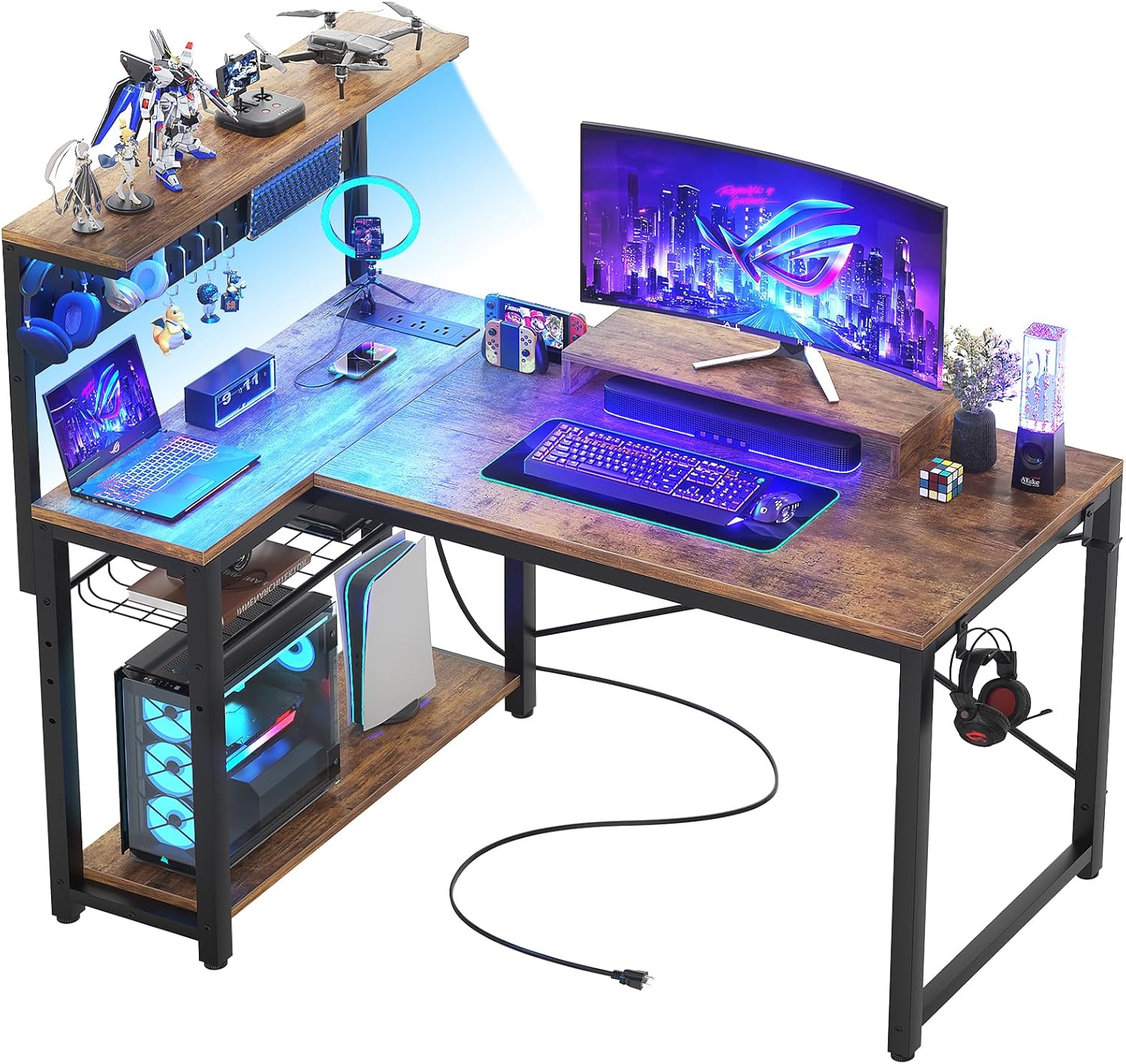 Homieasy Small Gaming Desk with LED Light and Power Outlets