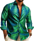 Barry.Wang Men's Dress Shirt Paisley Silk Long Sleeve Button Down