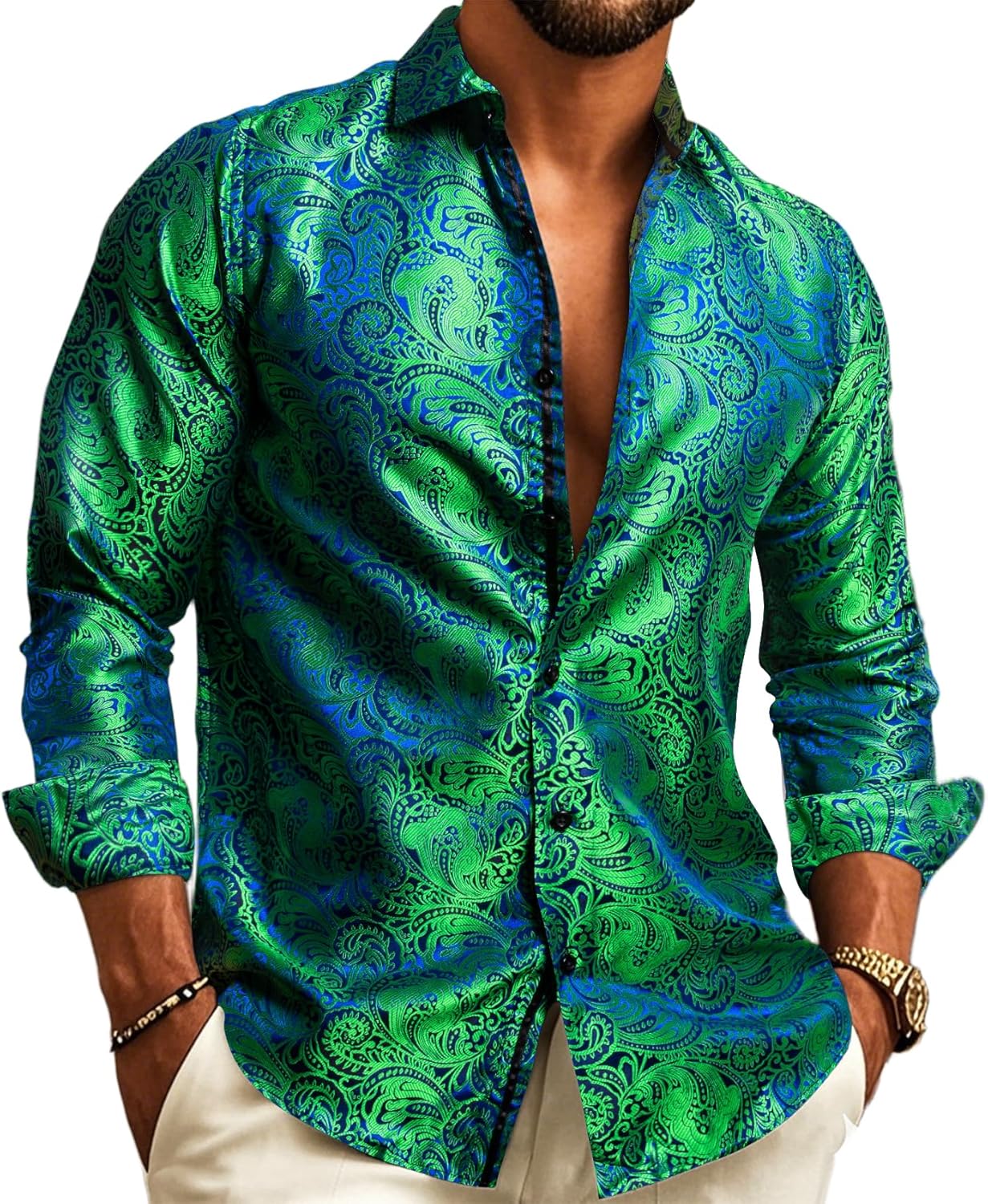 Barry.Wang Men's Dress Shirt Paisley Silk Long Sleeve Button Down