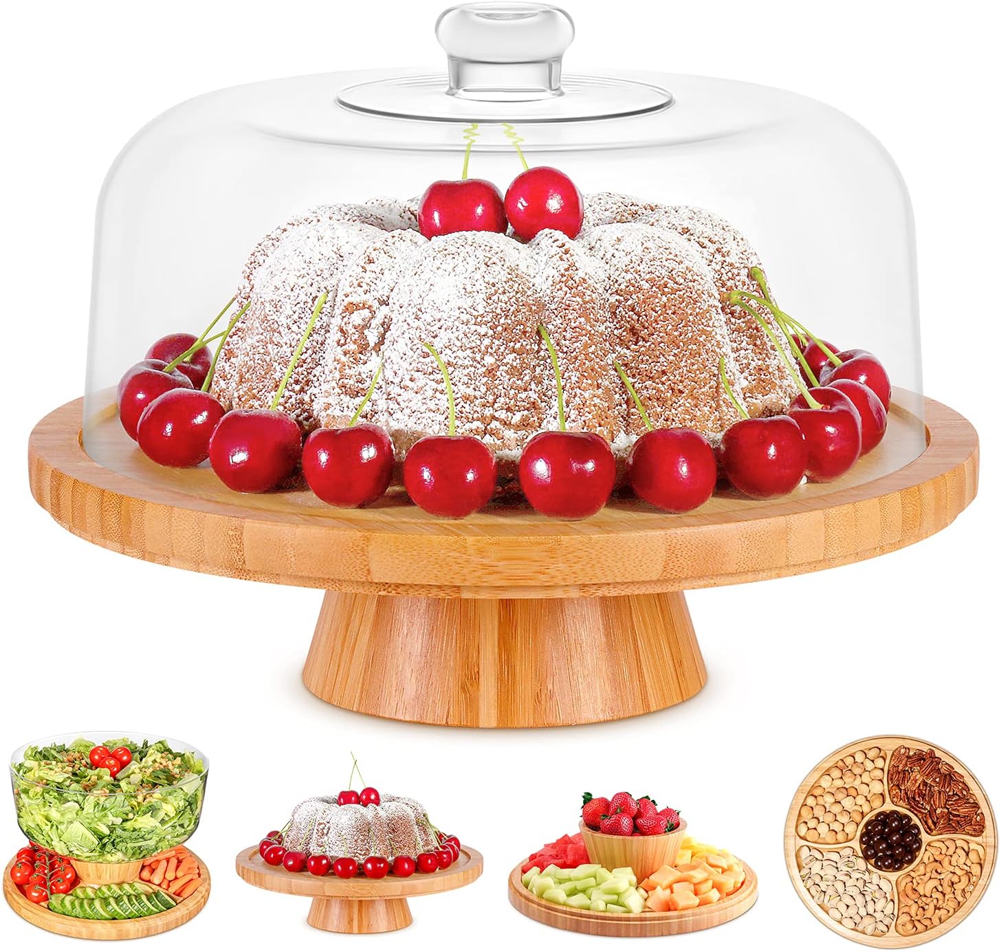 Homeries Bamboo Cake Stand with Lid - 6 in 1 Multi-Functional