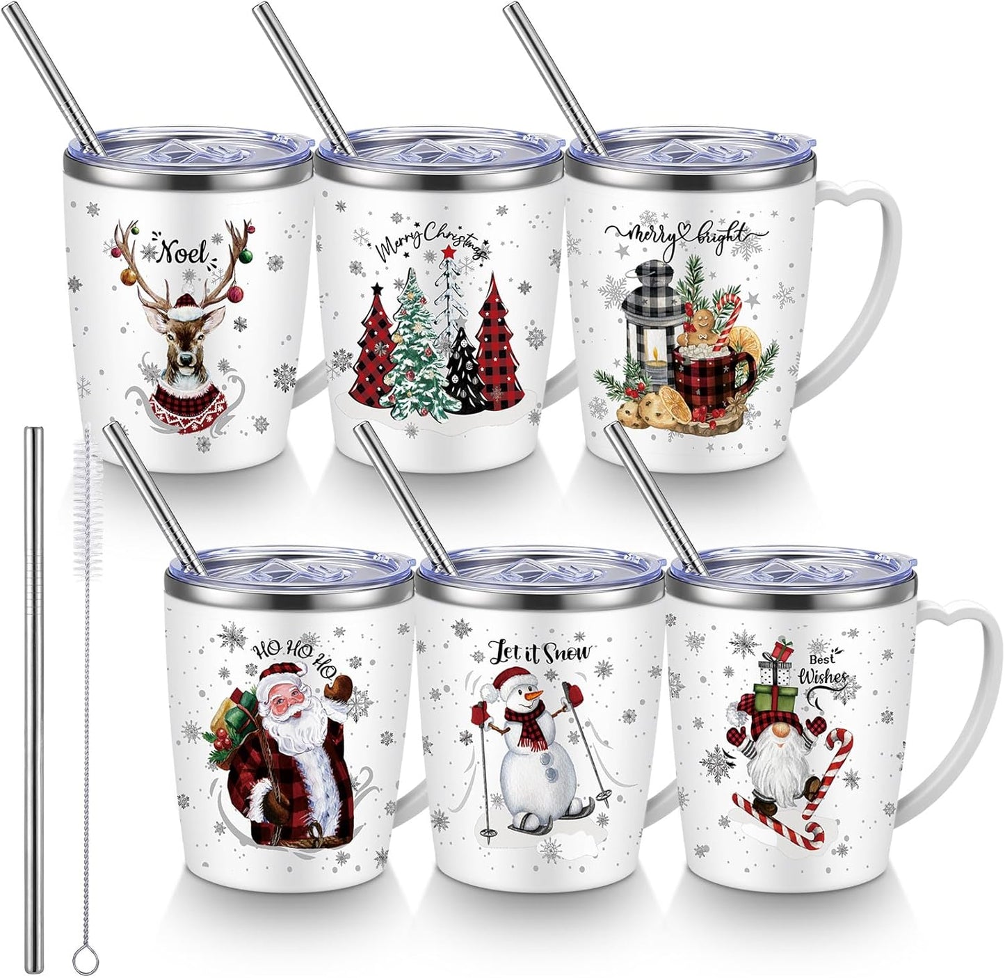 6 Pcs Christmas Coffee Mugs with Lids and Straws for Holiday Cheer