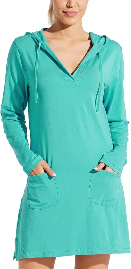 Willit Women's Long Sleeve Cotton Swim Cover Up with Pockets
