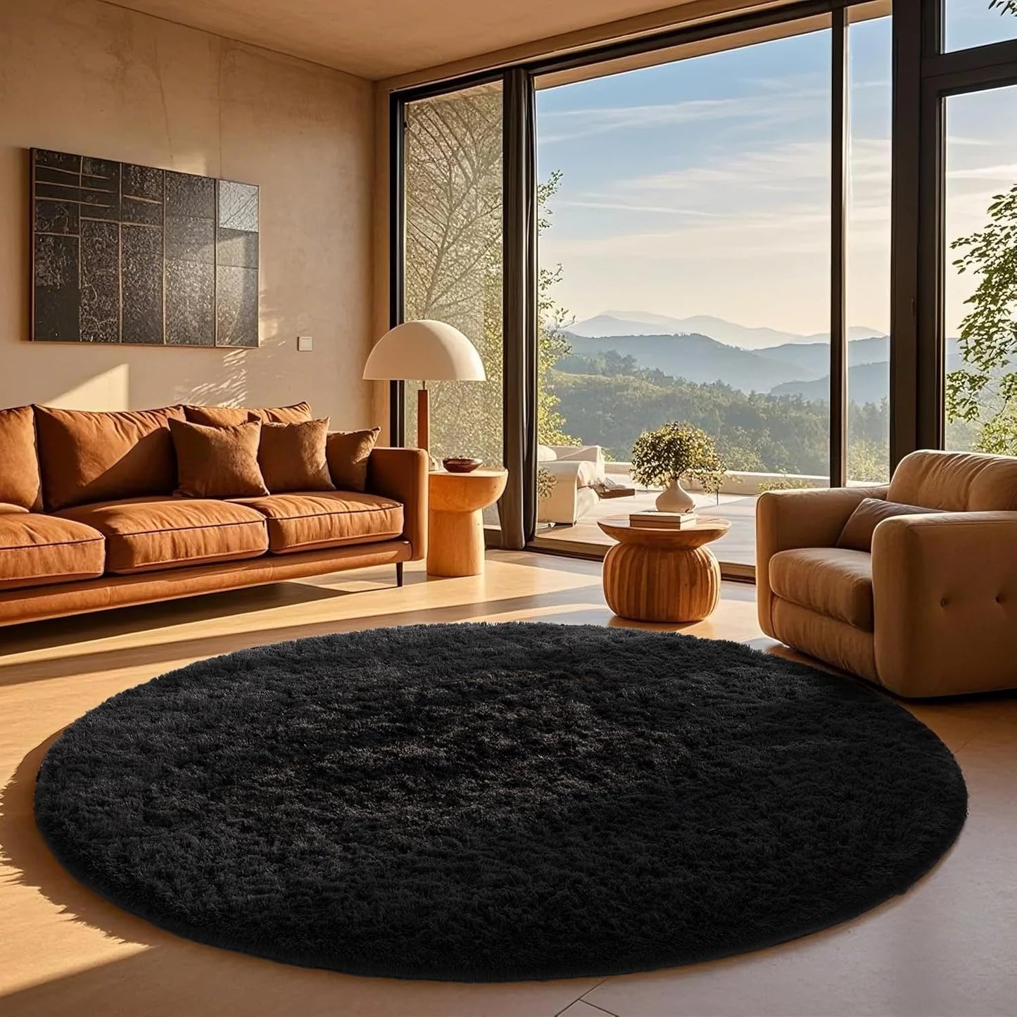 Ophanie Round Rug 7Ft Black Circle Area Rug for Cozy Spaces