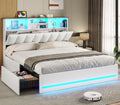 Full Size Bed Frame with Bookcase Headboard and Drawers - White