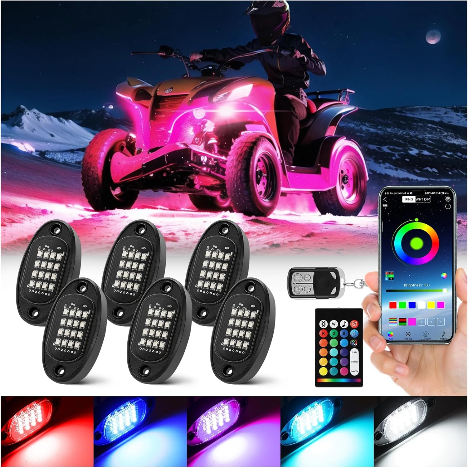 6 Pods Segmented RGB LED Rock Lights for Off-Road Vehicles