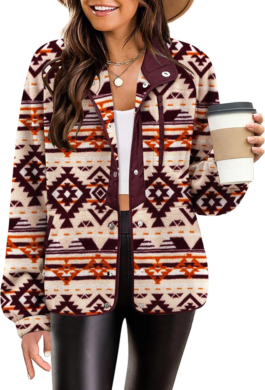 Cozy Fleece Jacket for Women with Western Aztec Print Design
