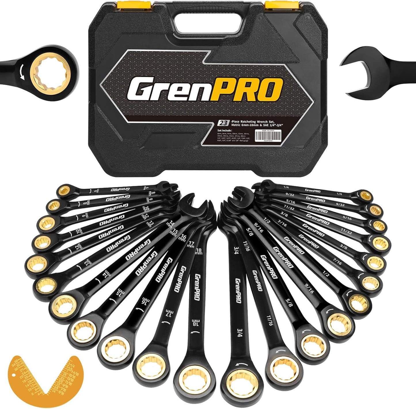 Ratcheting Wrenches Set for Mechanics - 23PC SAE & Metric
