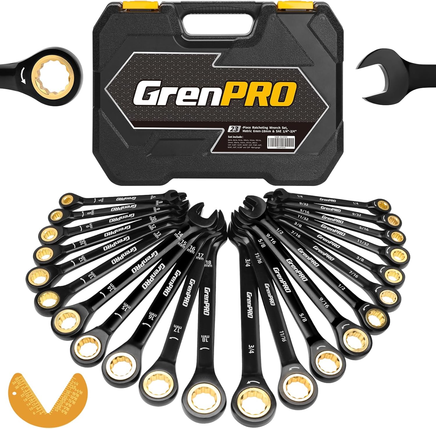 Ratcheting Wrenches Set for Mechanics - 23PC SAE & Metric