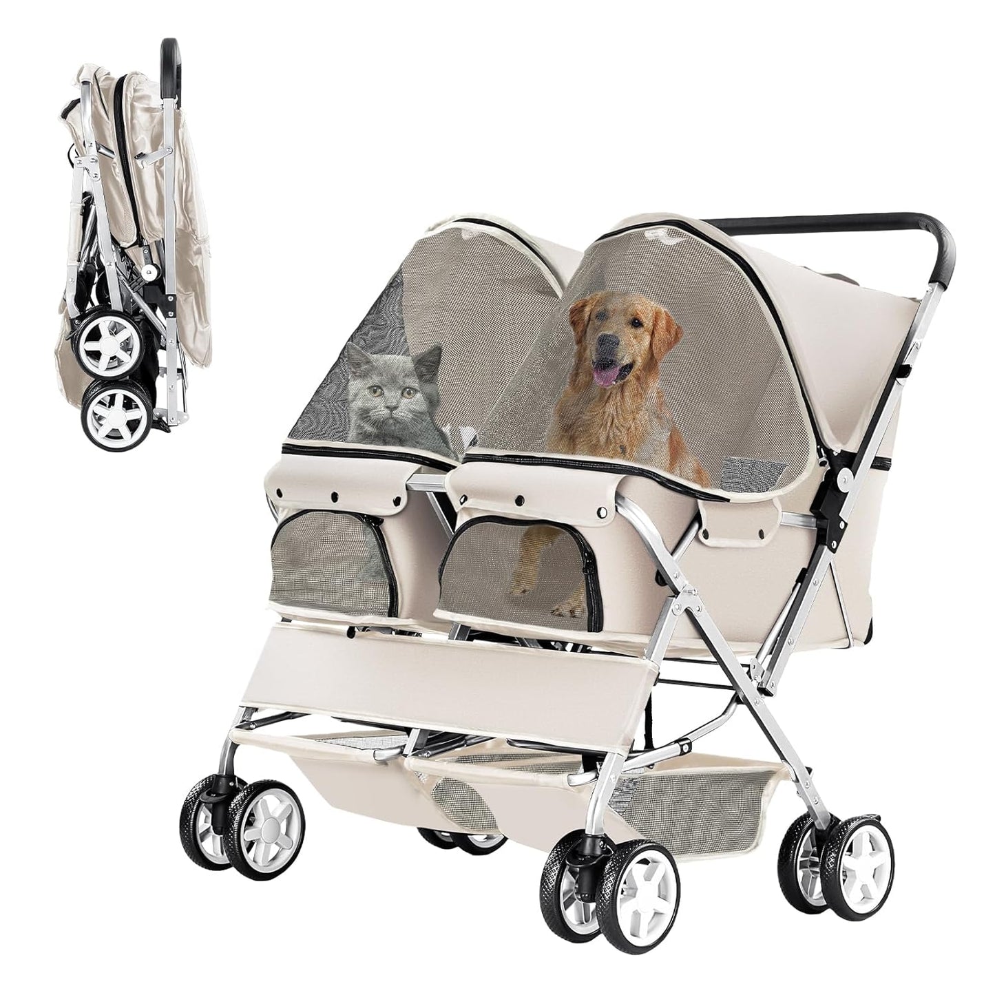 Double Pet Stroller for 2 Dogs & Cats, Foldable Carrier Cart