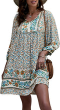 Qearal Womens Casual V Neck Rayon 3/4 Sleeve Boho Mini Dress