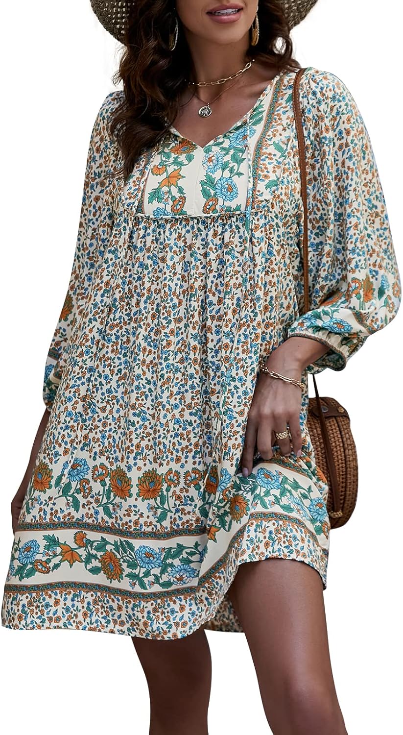 Qearal Womens Casual V Neck Boho Floral Mini Summer Dress
