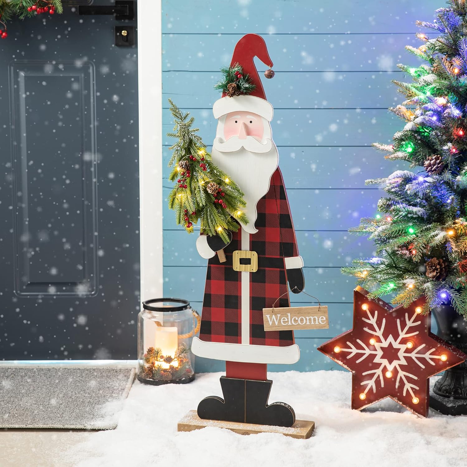 Lighted Wooden Christmas Santa Porch Sign for Festive Decor