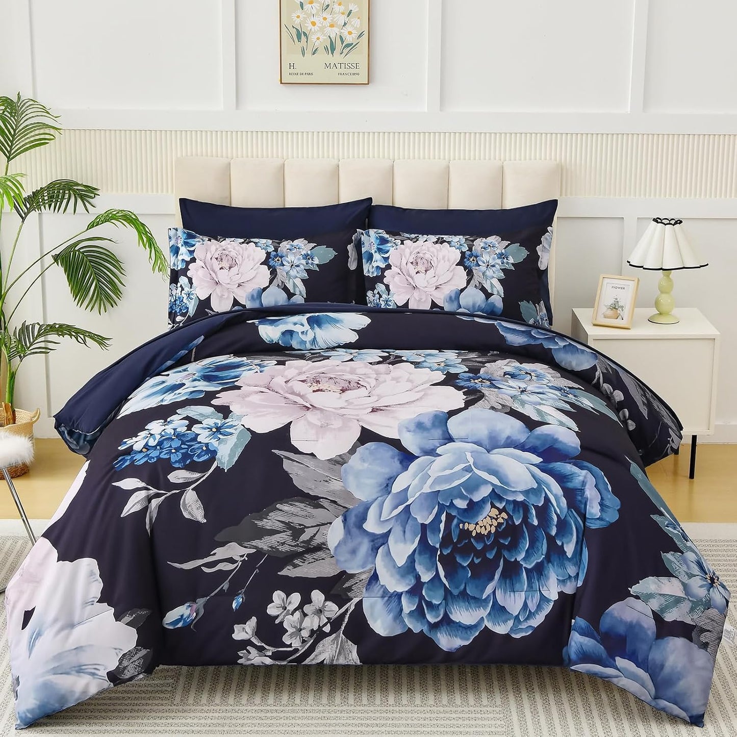 Dintszyayue Blue Floral Comforter Set Queen 7 Pieces Bed in a Bag
