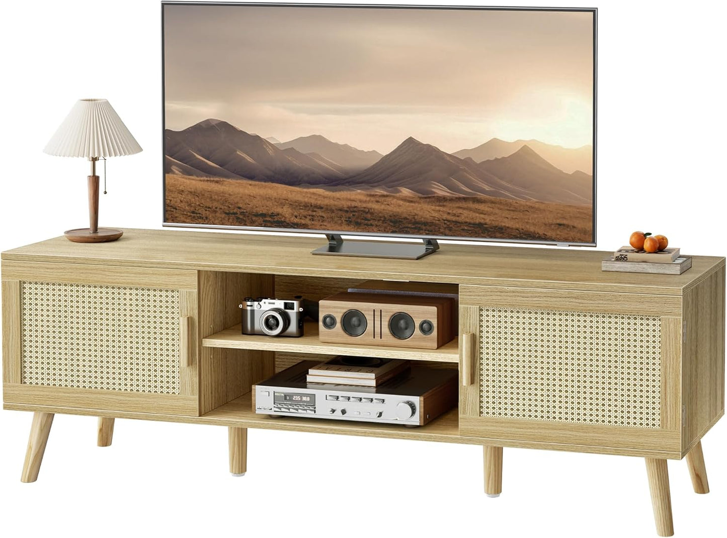 Boho Rattan TV Stand for 65 TV, Adjustable Shelf, 2 Cabinets