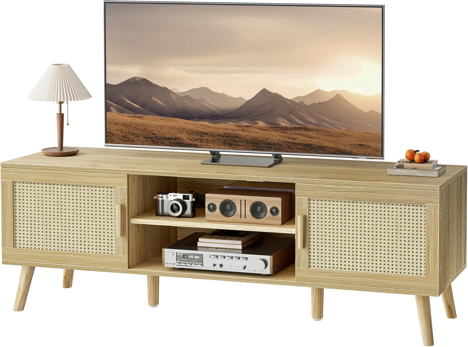 Boho Rattan TV Stand for 65 TV, Adjustable Shelf, 2 Cabinets