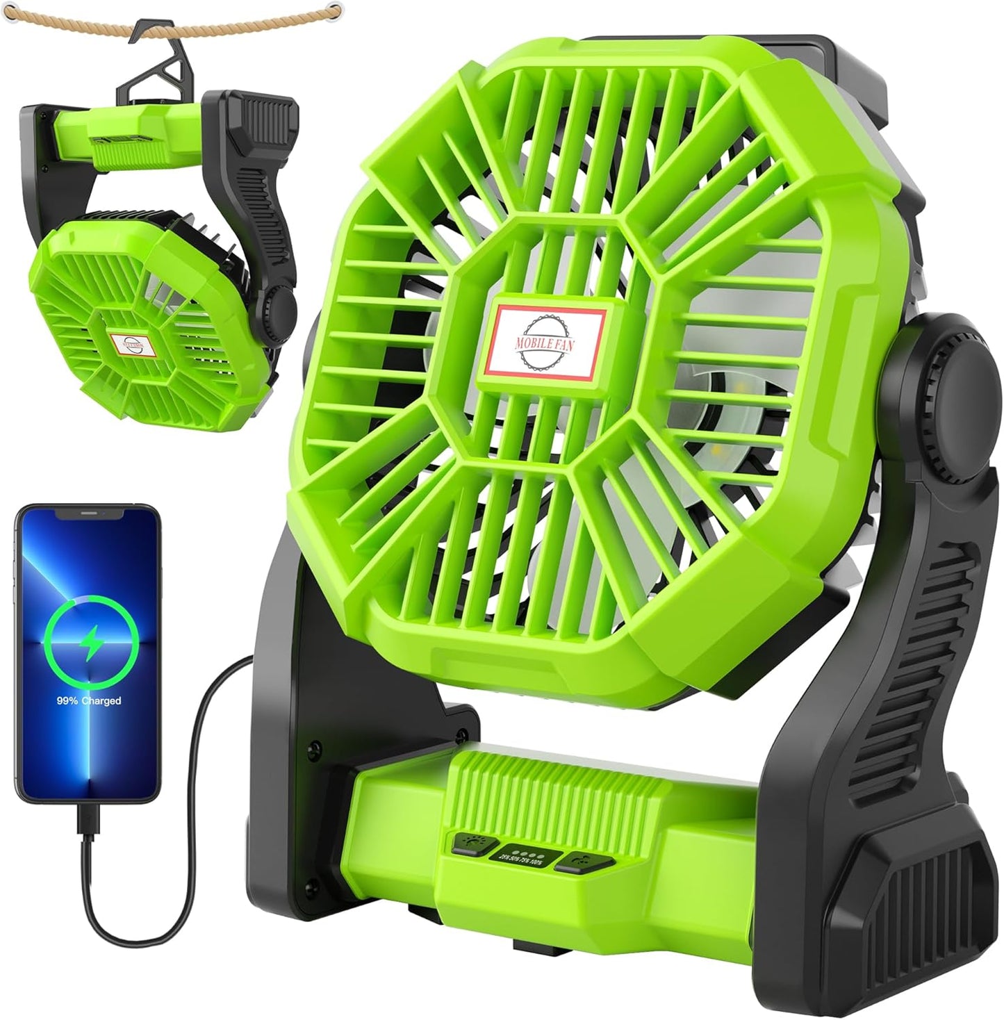 Rechargeable Portable Camping Fan with LED Light for Outdoors