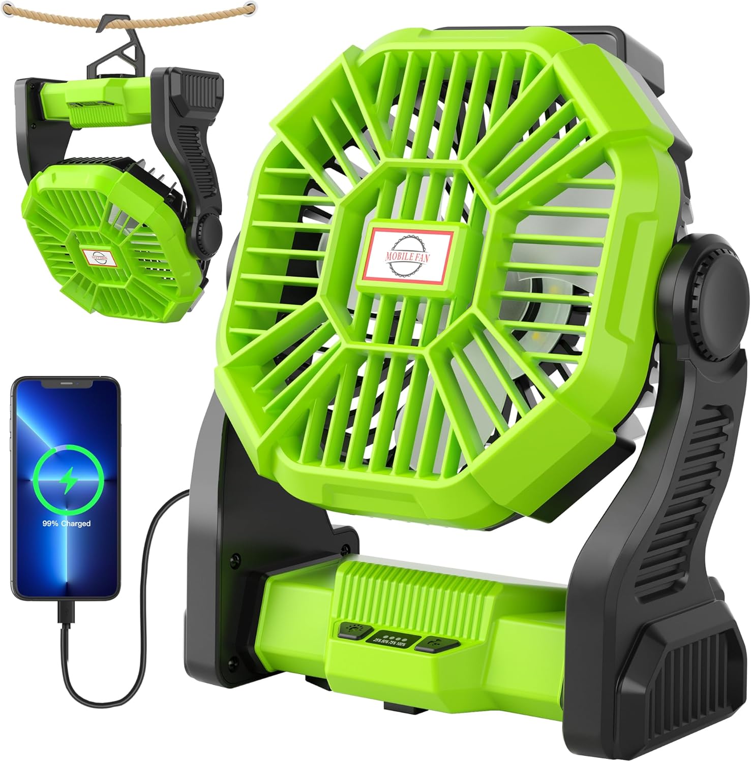 Rechargeable Portable Camping Fan with LED Light for Outdoors