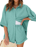 Ekouaer Waffle Knit Lounge Set - Oversized Short Sleeve Pajama Shorts