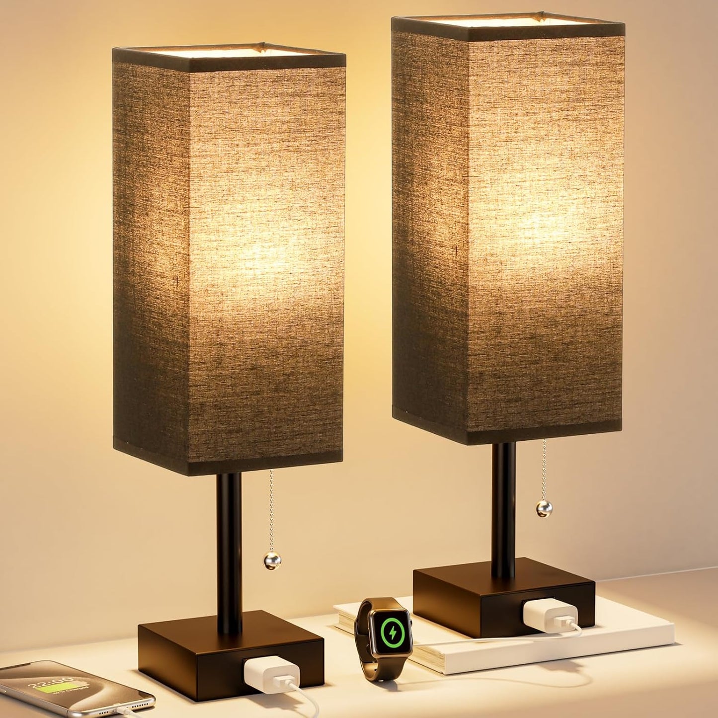 Black Table Lamps for Bedroom Set of 2 with Charging Port