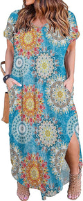 Plus Size Maxi Dress Casual Loose Pocket Short Sleeve - Flowy Fit