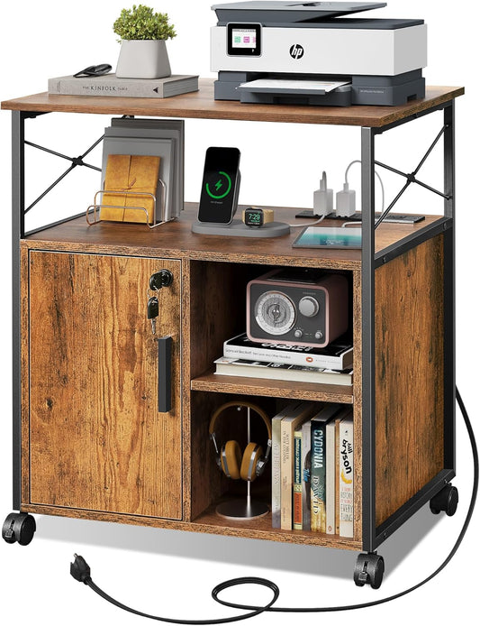 DEVAISE Rustic Brown File Cabinet: Lockable & Charging Station