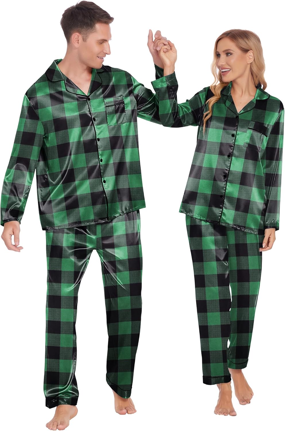 Ekouaer Couples Matching Pajamas Silk Long Sleeve Sleepwear Set