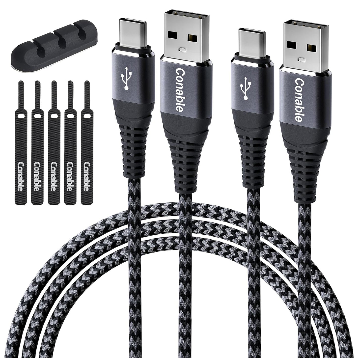 Fast Charge 6ft USB C Cable 2 Pack - iPhone 15, Galaxy S20, LG V30 - Holder & Ties
