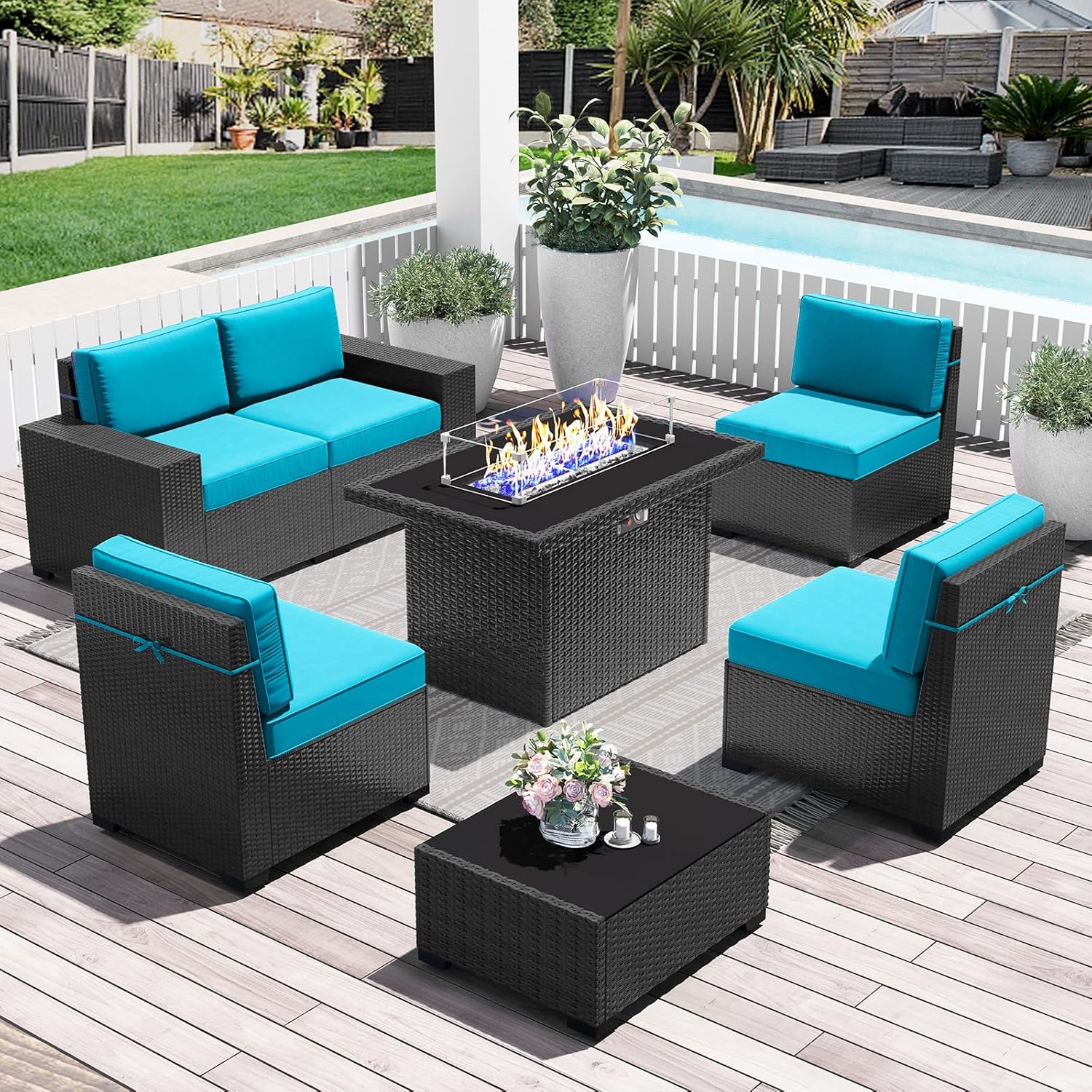 LayinSun 7 Pieces Outdoor Patio Furniture Set with Fire Pit