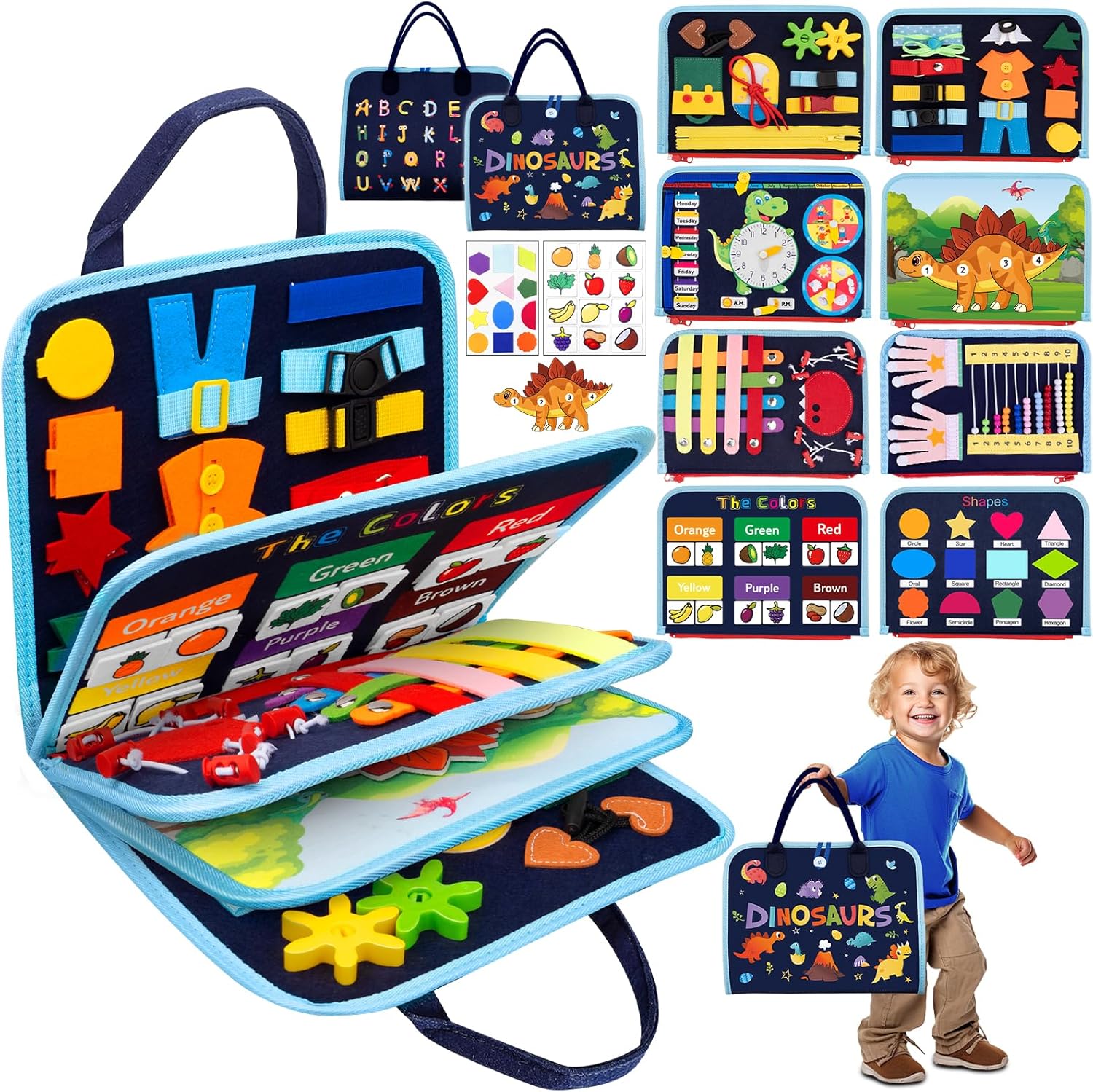 Montessori Busy Board - 9-in-1 Dino Sensory Toy!