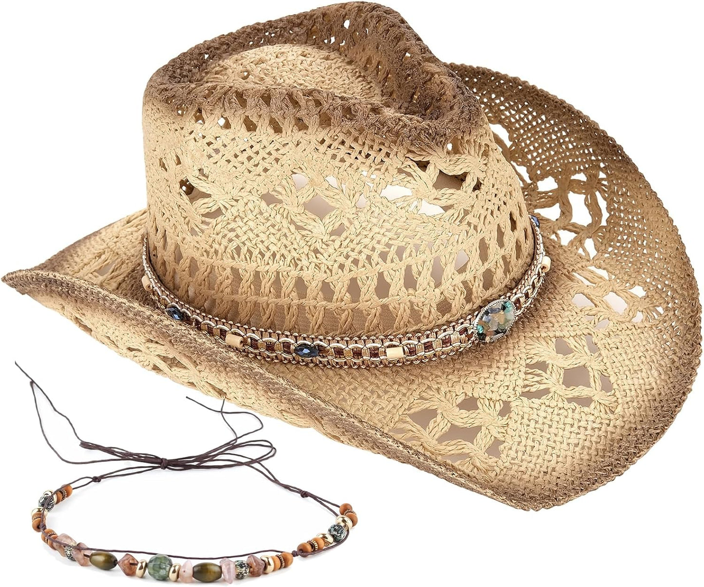 Men's Women's Straw Cowboy Hat with Decorative Bands for Style
