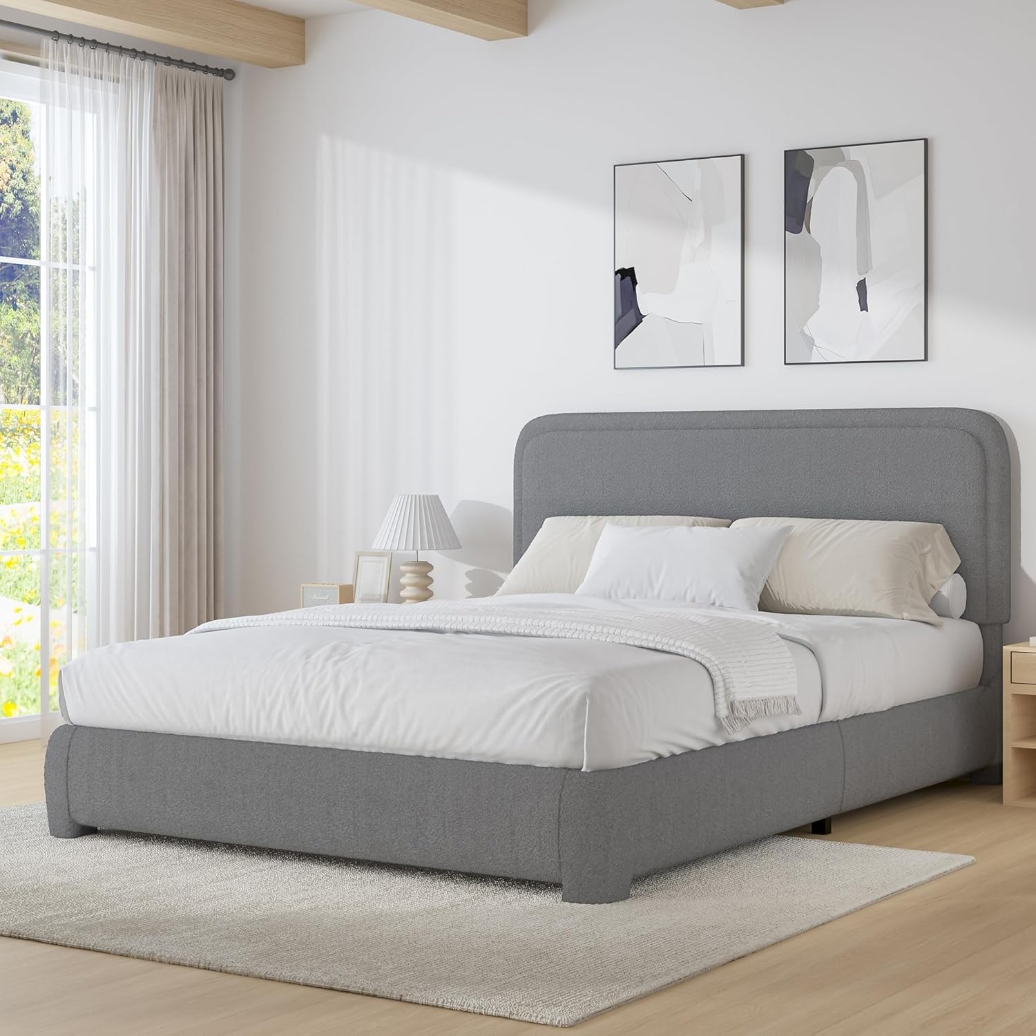 BarnFurin Full Size Bed Frame with Headboard in Light Grey