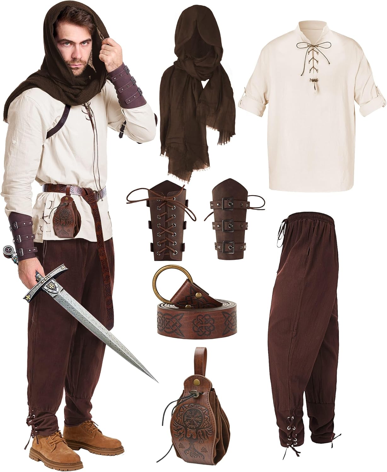 6 Pcs Men's Renaissance Viking Costume Set for Halloween Fun