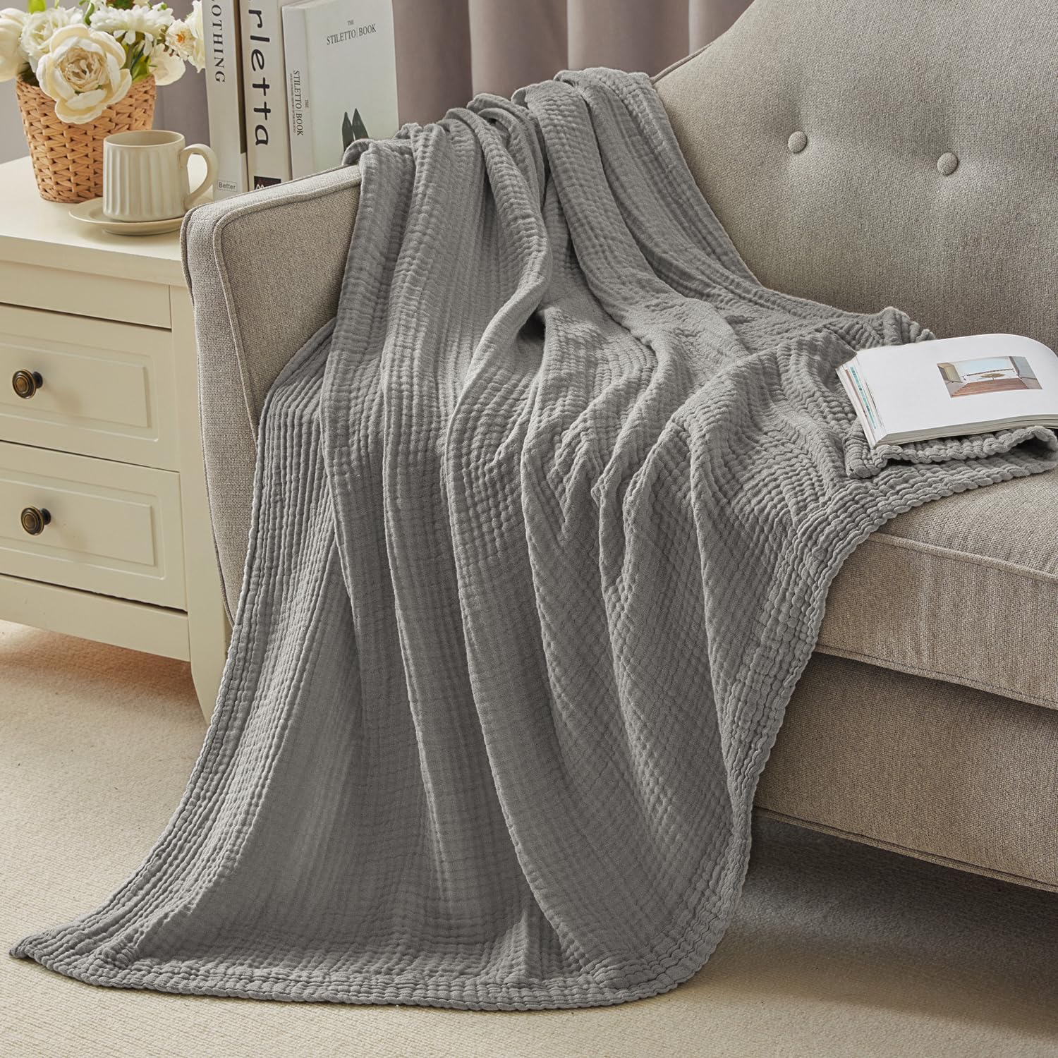 ACCOTIA Cotton Muslin Throw Blanket for Couch and Bed Use